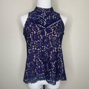 Aqua Navy Blue Lace Sleeveless Blouse Sz Medium